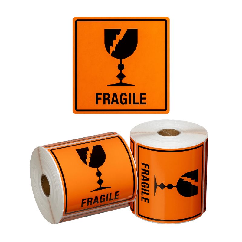 Display of Fragile Handling Label Rolls together with a Fragile Label