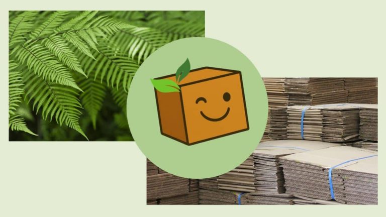 A collage of images with the Good As Box happy box mascot, flat stacked cardboard boxes.